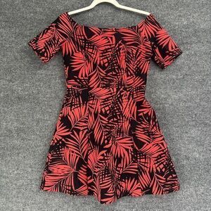 Zara Woman Dress Womens Small Coral Black Tropical Print Fit Flare Off Shoulder